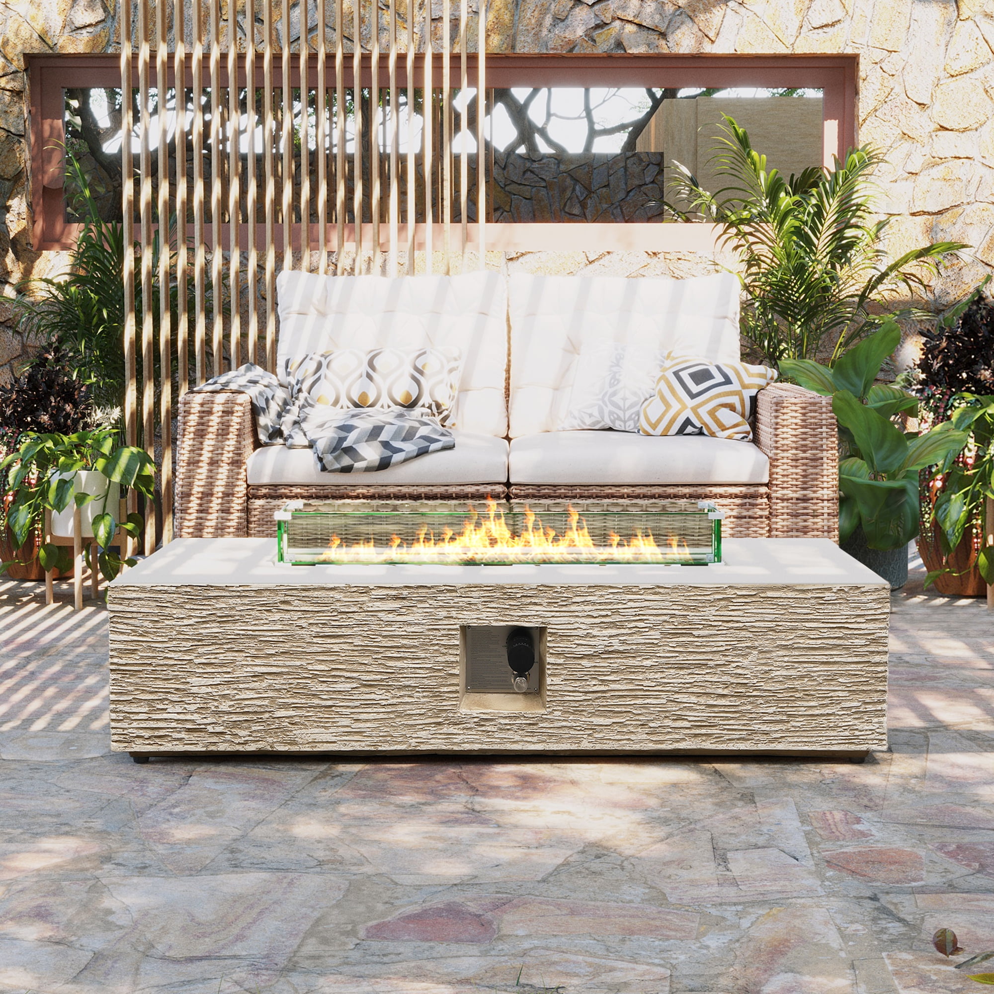 UPHA 56-inch Outdoor Propane Rectangle Fire Pit Table 50000 BTU Gas Concrete FirePit for Outside Patio with Wind Guard, Lava Rocks, Rain Cover, Beige