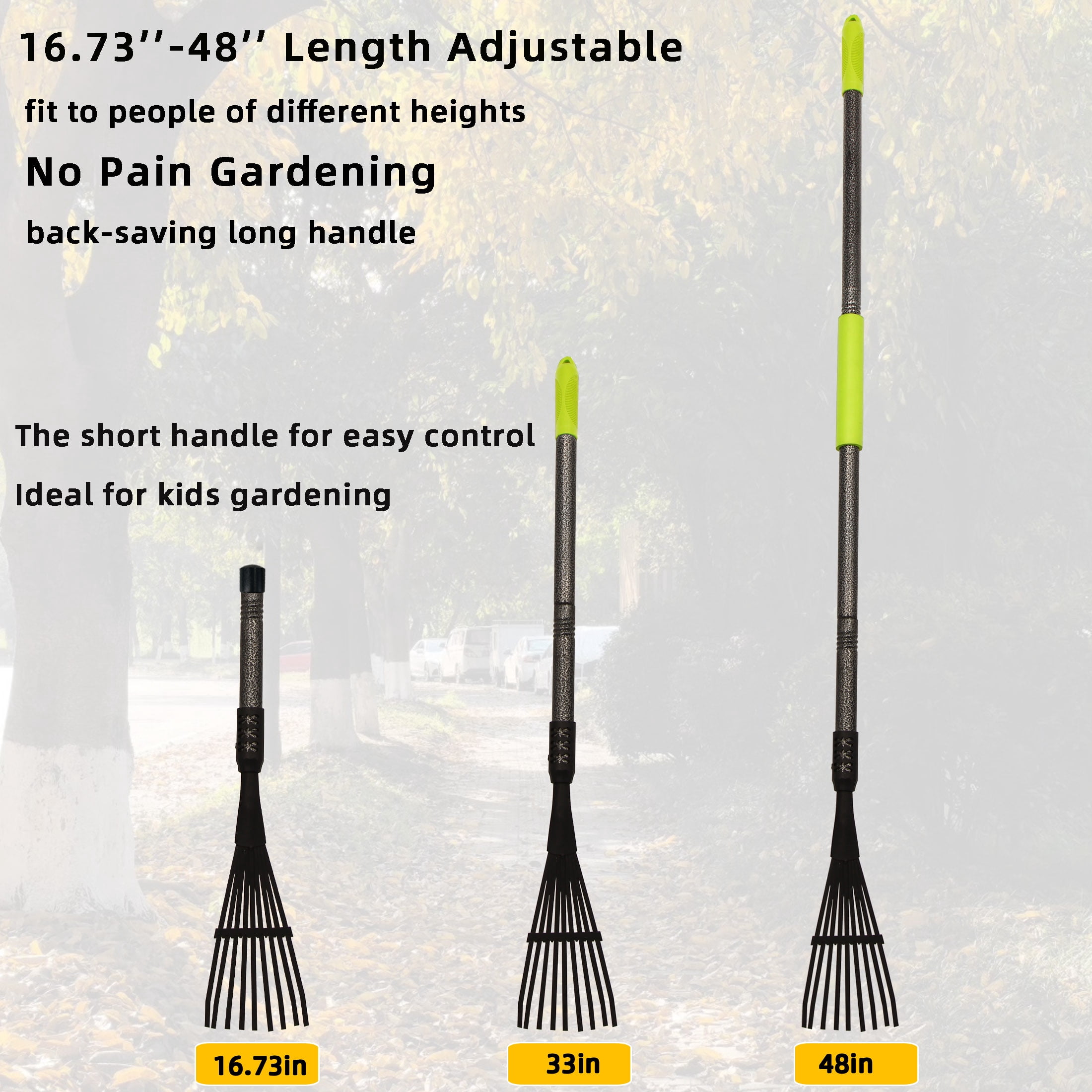 YARTTING Rake for Leaves, Small Garden Rake with Adjustable Long Handle, 9 Tines Metal Narrow Rake for Lawns Yard Flower Bed Mulch Shrub Outdoor Camping