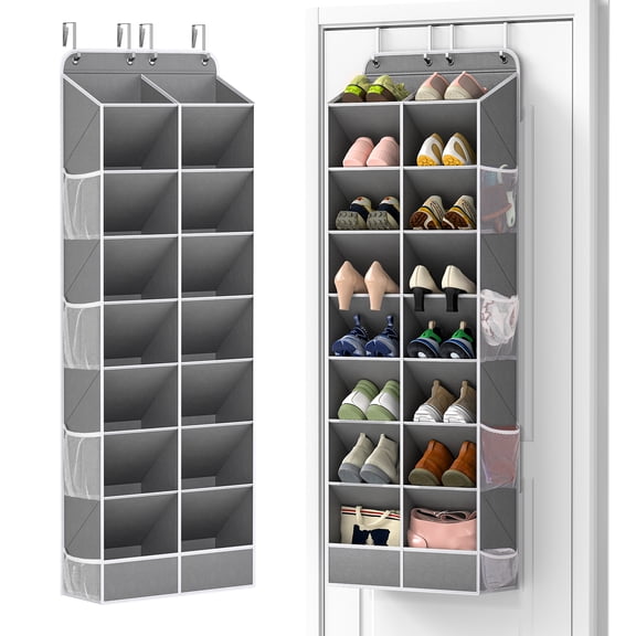 8 Tier over the Door Shoe Organizer of Deep 16 Compartments, 50lbs Load Shoe Rack for Door in Oxford Holds 16-24 Pairs, Stain-Resistant Hanging Shoe Organizer for Closet, Grey