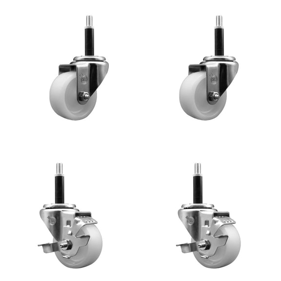 3 Inch SS Nylon Wheel Swivel 3/4 Inch Expanding Stem Caster Set 2 Brakes SCC