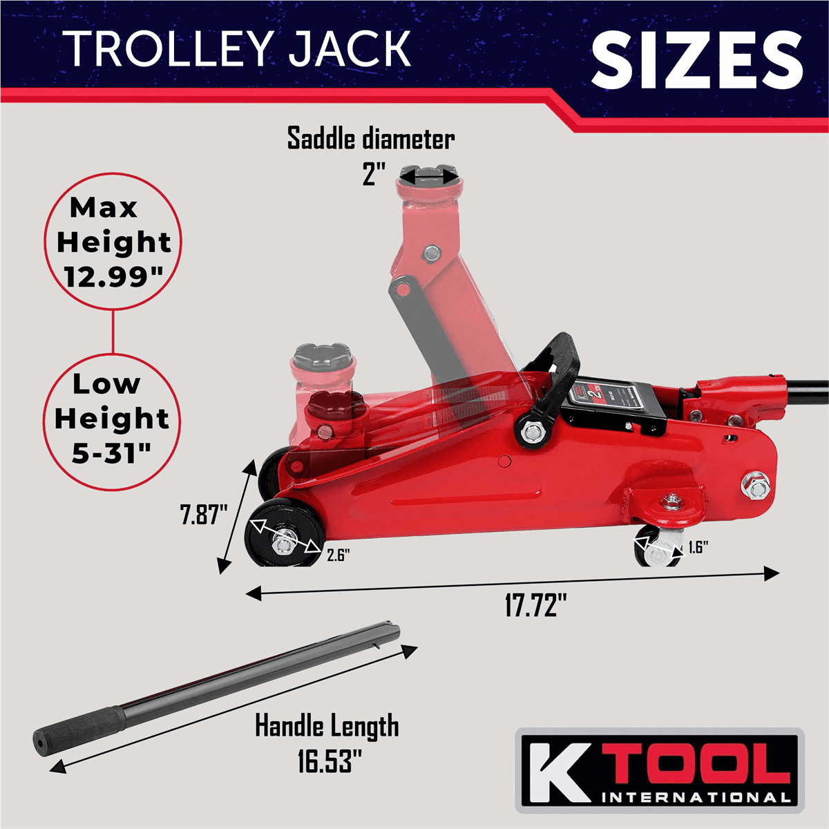 K Tool 63097A 2 Ton Trolley Floor Jack, Steel, Swivel Casters