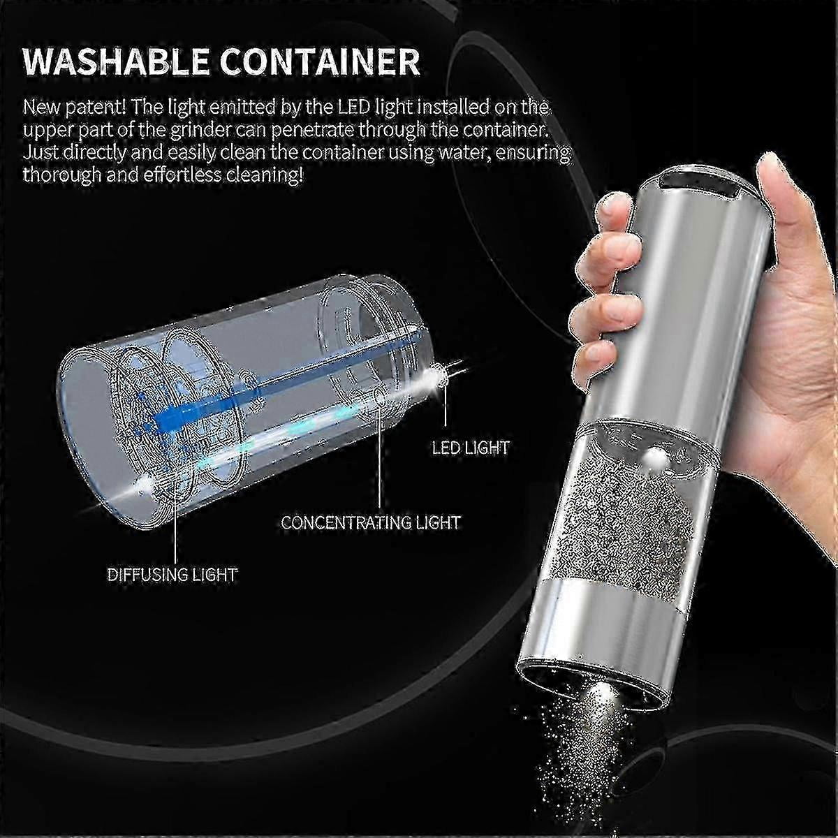 Rechargeable Electric Pepper Grinder, Stainless Steel Pepper Mill With Led Light And Adjustable Coarseness