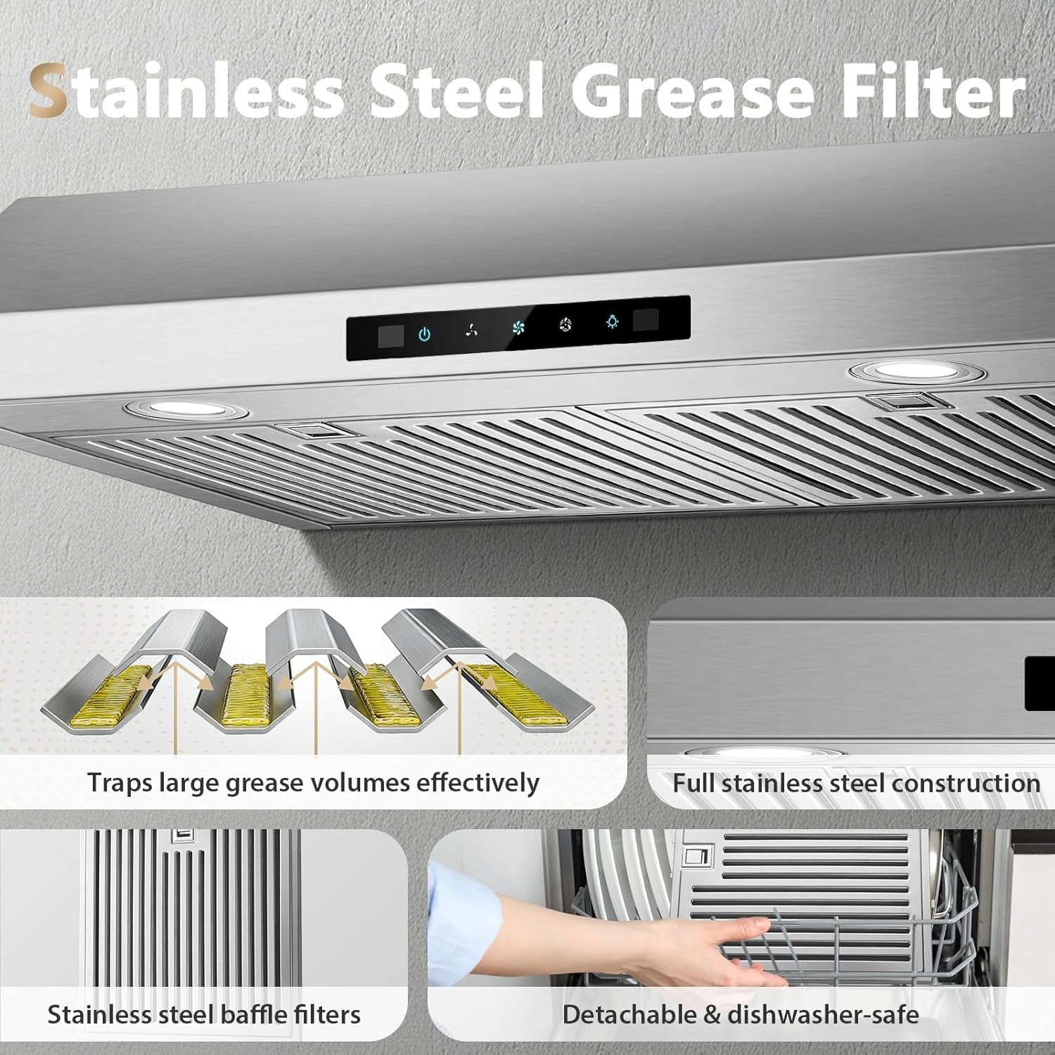 Range Hood 30 inch Under Cabinet, 800 CFM Stainless Steel Range Hood with Gesture and Touch Control, kitchen hood with Carbon Filter, 3 Fan Speed, Ducted/Ductless Convertible