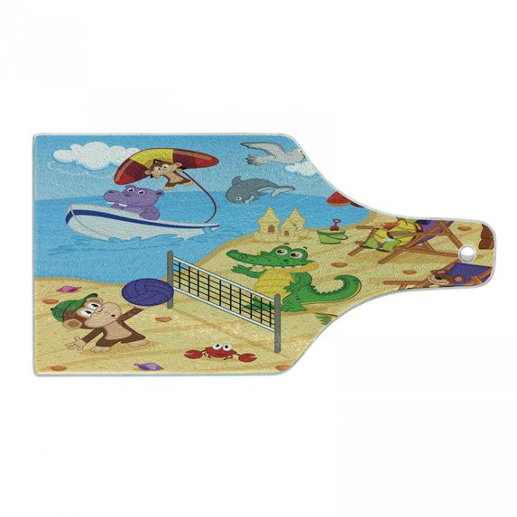 Animal Cutting Board, Cartoon Animals Playing on Beach Monkey Hippo Dolphin Exotic Summer Illustration, Tempered Glass Cutting and Serving Board, Wine Bottle Shape, Multicolor, by Ambesonne