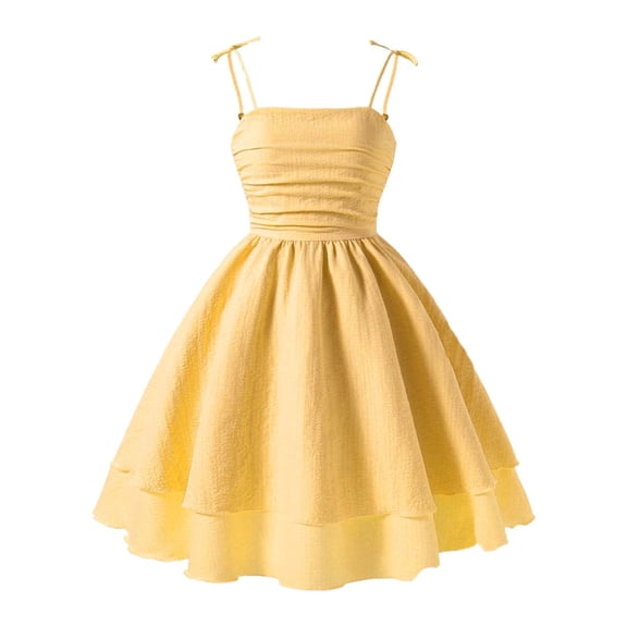 KHONTS Girls Summer Spaghetti Strap Dresses Flowy Tiered Ruched Smocked Back Casual Beach Midi Sundress,Size 13-16 Years Yellow 16Y