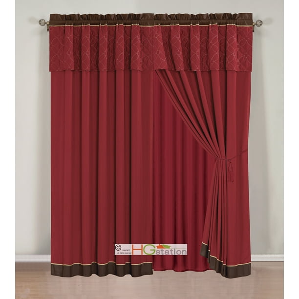 4 Pc Quilted Geometric Medallion Striped Curtain Set Burdy Red Tan Brown Valance D Sheer Liner Com Brown Valance D Sheer Liner, Tan Brown And Red Curtains