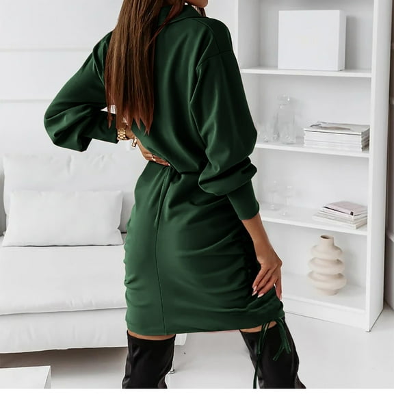 Elainilye Fashion Women's Casual Dresses Long Sleeved Lapel Solid Color Drawstring Shirt Dress Buttocks Wrapped Short Skirt,Green