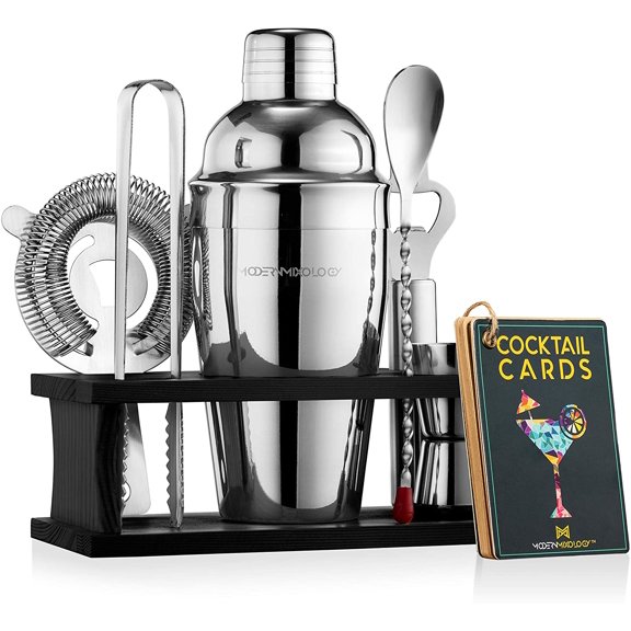 Mixology & Craft Bartender Kit with Stand, Bar Set Cocktail Shaker Set, Bar Tools: Martini Shaker, Jigger, Strainer, Bar Mixer Spoon, Tongs, Opener