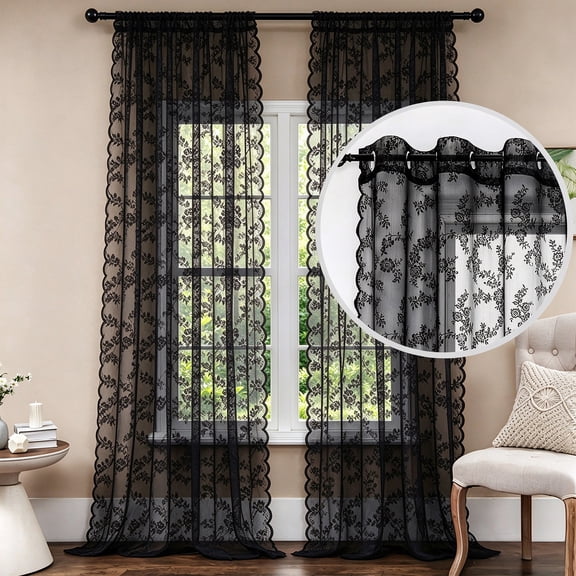 2 Panels Lace Curtains 57" x 84" - Rustic Floral Branch Leaf Pattern Lace Panel Curtains for Bedroom, Privacy Vintage Sheer Lace Curtains for Windows,Black