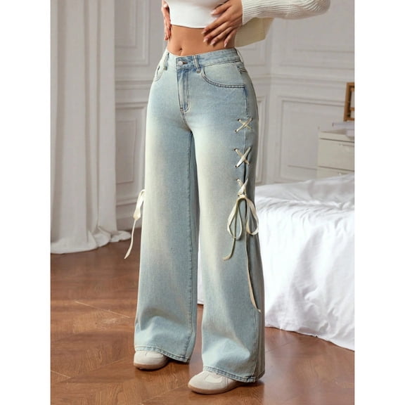 2026 New Women's High Waist Side Lace Up Ribbon Light Wash Wide Leg Denim Jeans