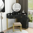 thumbnail image 1 of Corner Vanity Set with Lighted Mirror, Makeup Dressing Table with Drawers, Cabinet and Cushioned Stool, Girls Vanity Desk for Bedroom (Black), 1 of 8