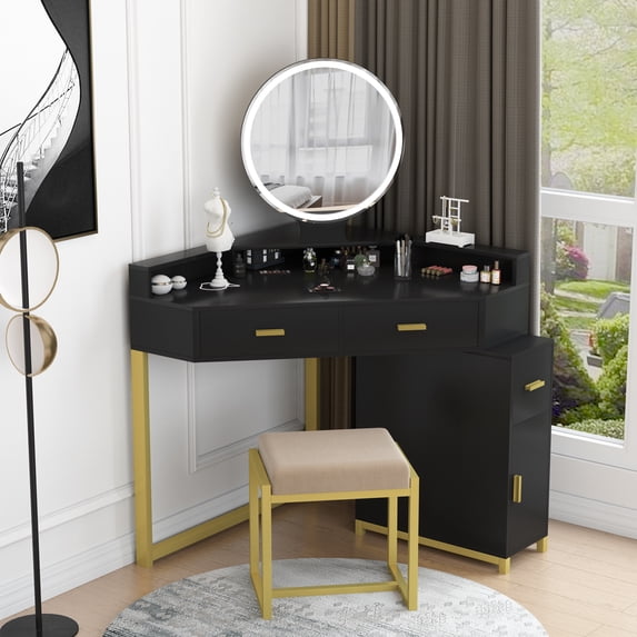 Corner Vanity Set with Lighted Mirror, Makeup Dressing Table with Drawers, Cabinet and Cushioned Stool, Girls Vanity Desk for Bedroom (Black)