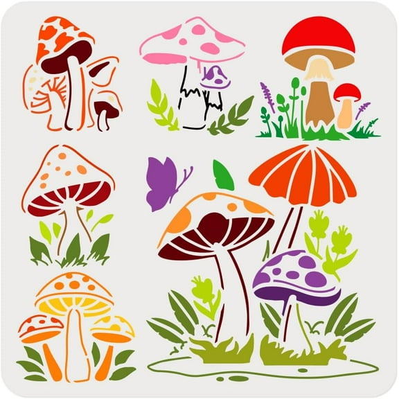 Mushroom Stencil for Painting 11.8"x11.8" Reusable Plastic Mushroom Stencil Drawing Template Plant DIY Craft Paint Template for Wall Home Decor Wood Burning Card Canva Fabric Journal Paper