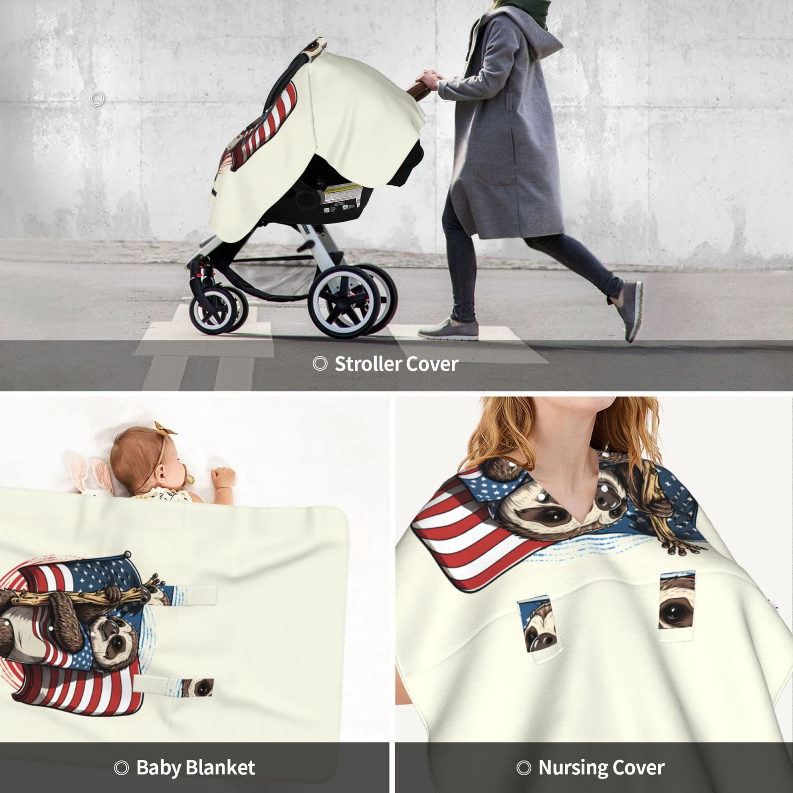 Car Seat Cover Baby - Cute Sloth American Flag Breathable Infant Car Seat Cover for Baby Carseat, Lightweight Comfort Baby Essentials Must Haves Newborn Stuff for Girl Boy