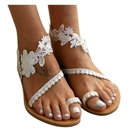 

Sandals for Women Flat Wedding Dressy Casual Wear Cute Lace Flower Sandals Toe Ring Flip Flops Casual Summer Bohemian Beach Sandal Shoes
