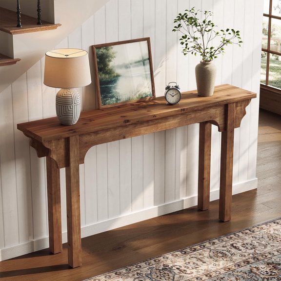 Finmind 63" Solid Wood Entryway Table, Mid-Century Modern Console Table for Living Room, Entrance, Hallway & Foyer