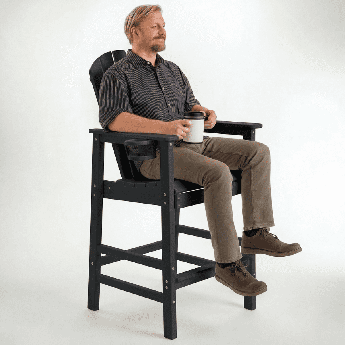 HDPE Bar Height Adirondack Chair All-Weather Outdoor Patio Chair with Cup Holder (Black)
