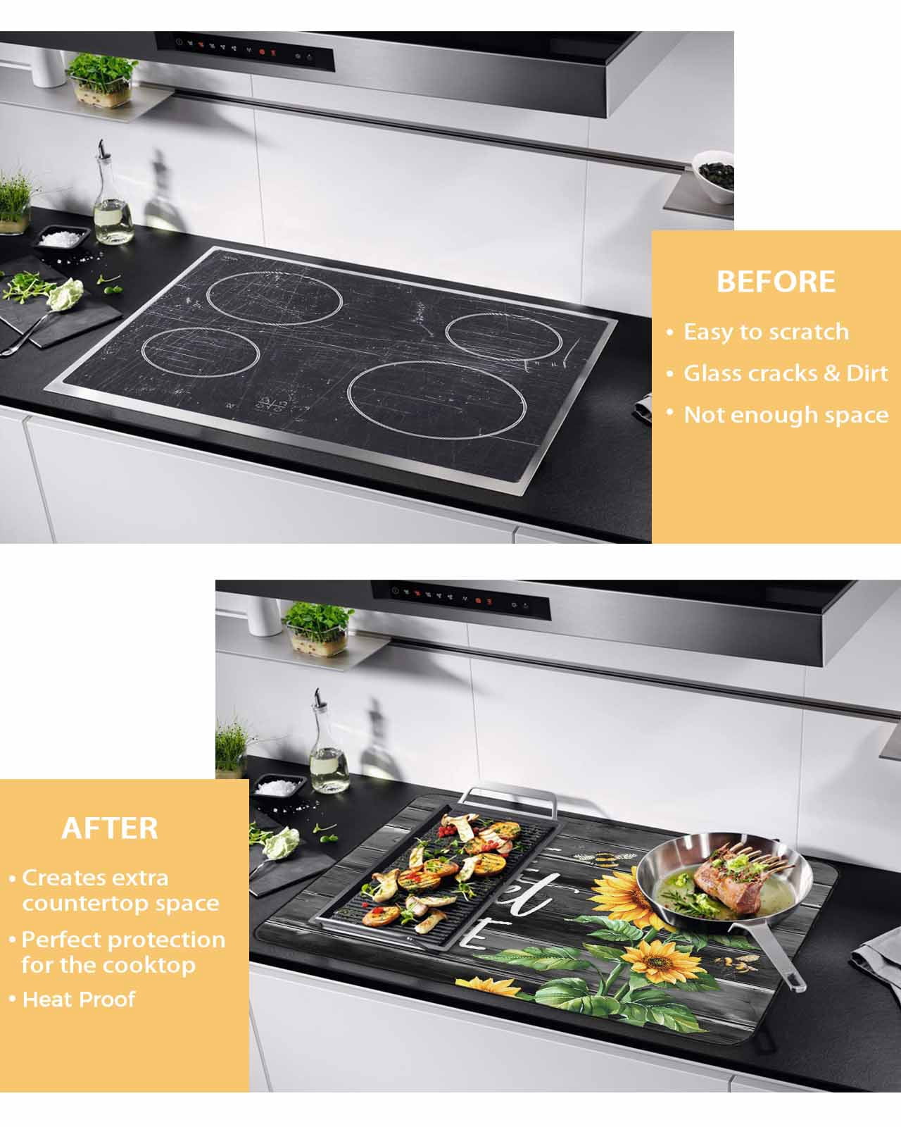 nqOlkjepod Large Induction Cooktop Protector Mat 36"x21", Spring Sunflowers Stove Top Covers for Electric Stove, Black Wooden Grain Country Farm Stove Burner Cover Mats, Glass Top Stove Cover