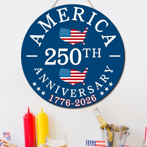 YIBAGA USA Anniversary 250th Door Hanging Sign Wreath, America US Map 1776 2026 Patriotic Decor Wooden Home Decorations