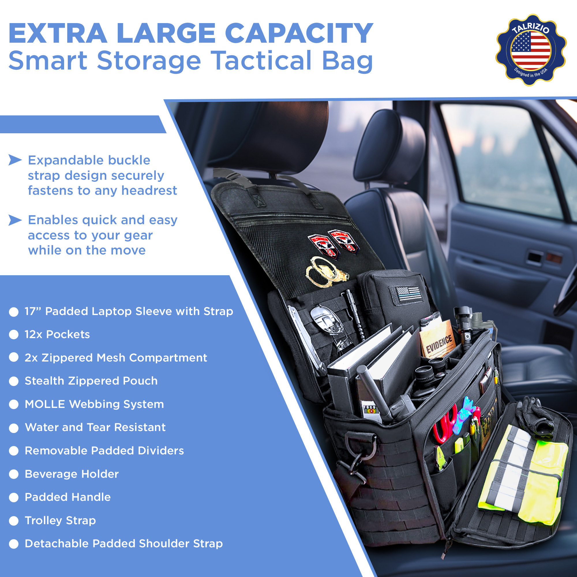 Talrizio Patrol Bag Car Front Seat Organizer for Law Enforcement, Military, and Police, Padded Sleeve for 17" Laptop, and Fits Vehicle Passenger Seat