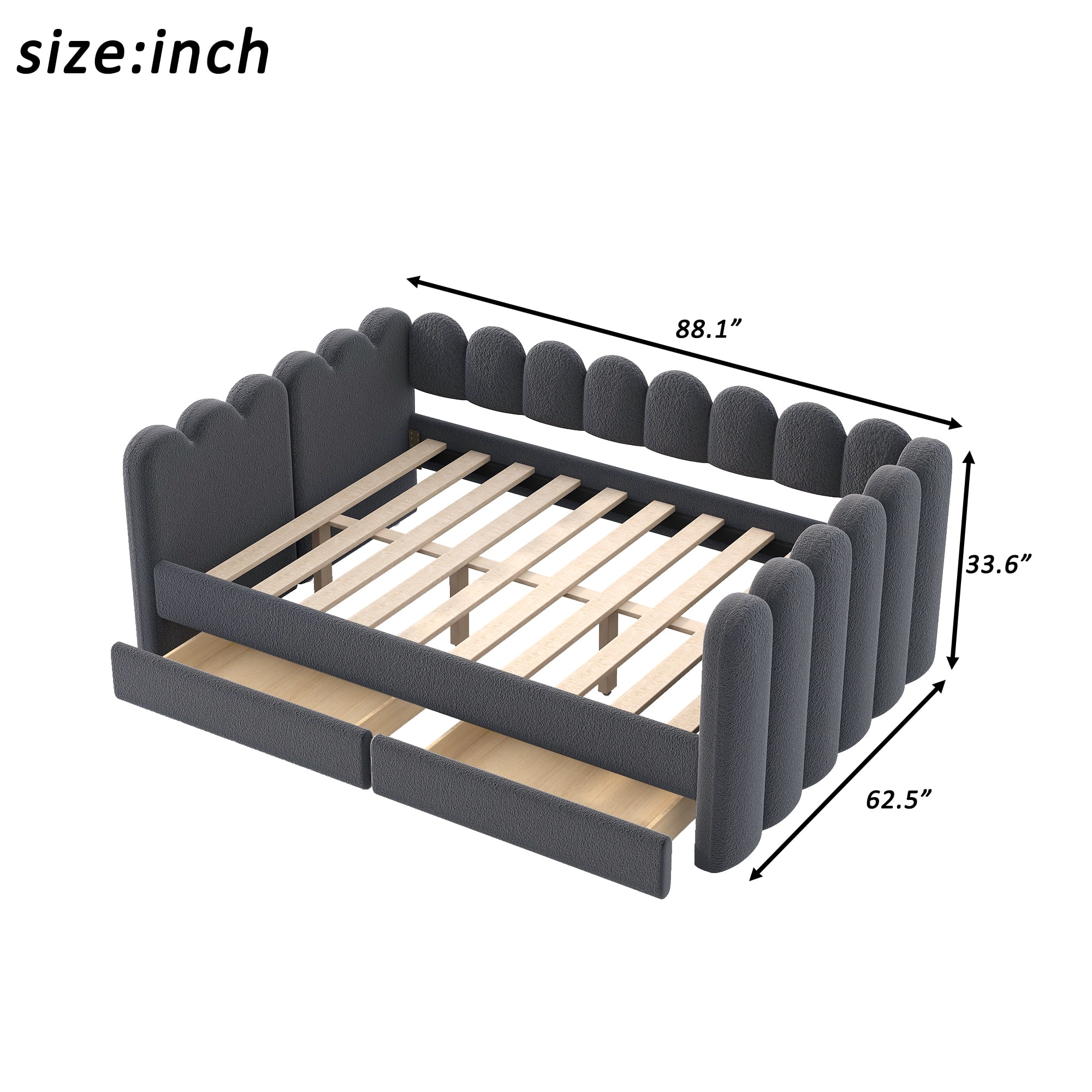 EUROCO Queen Size Upholstered Daybed with 2 Storage Drawers, Solid Wood Sofa Bed Frame, Easy Assembly, Space-Saving Design, Gray