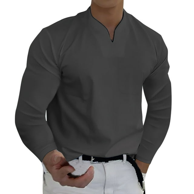 Men Spring Spring &Winter Casual V Neck Solid Long Sleeve Tee Shirt Top Blouse