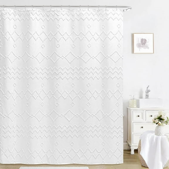 Seasonwood Boho Shower Curtain Fabric White Shower Curtain Textured Tufted Chevron Striped Bathroom Shower Curtains with 12 pcs Hooks,72" x 72"