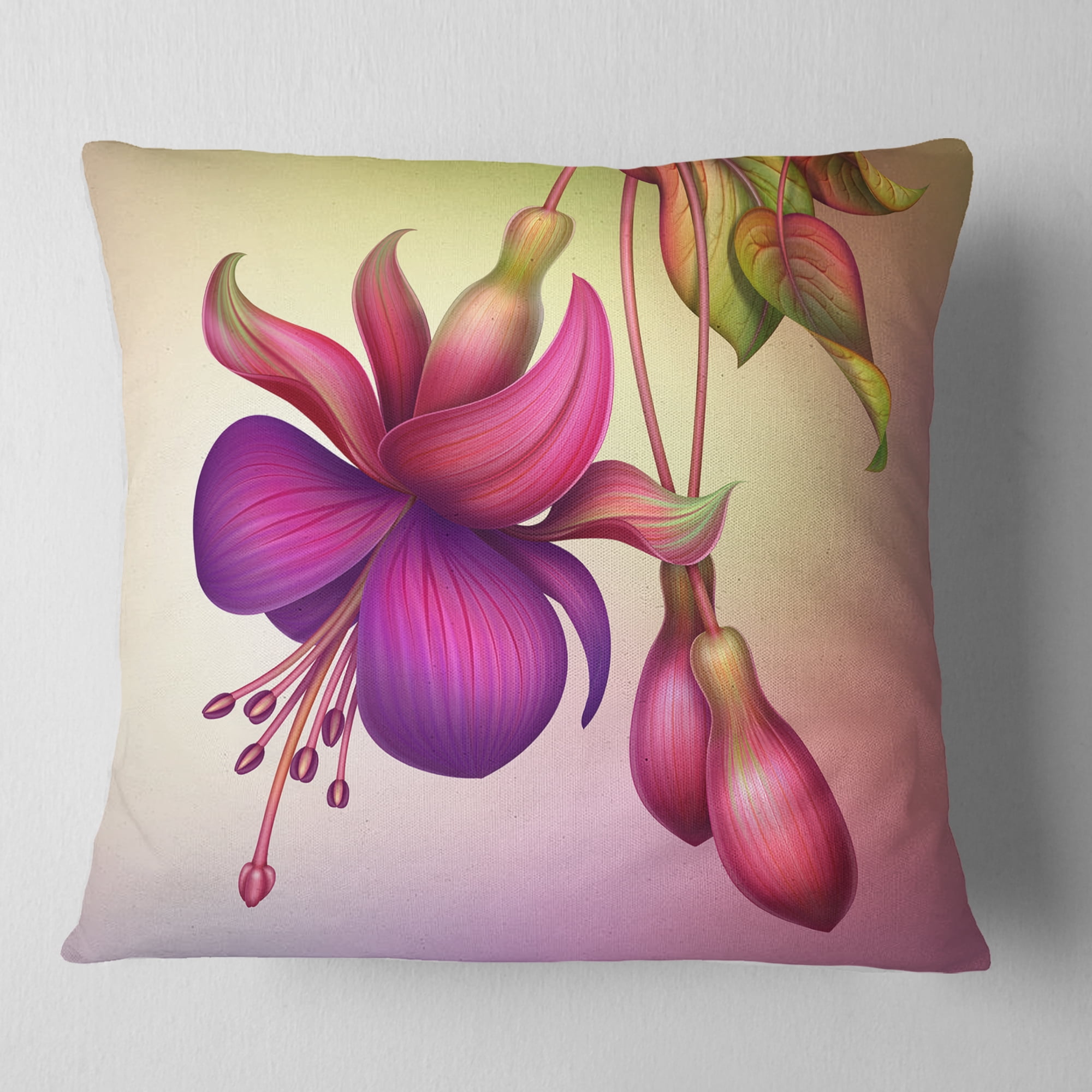 Designart Fuchsia Flowers with Green Leaves - Floral Throw Pillow - 18x18