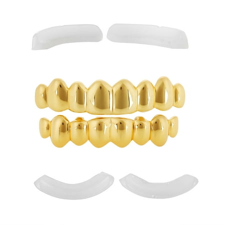 Sale 24k Gold Solid Brass - 24k Gold Plated Over Solid .925 Silver Top & Bottom Removable Teeth Grillz Set