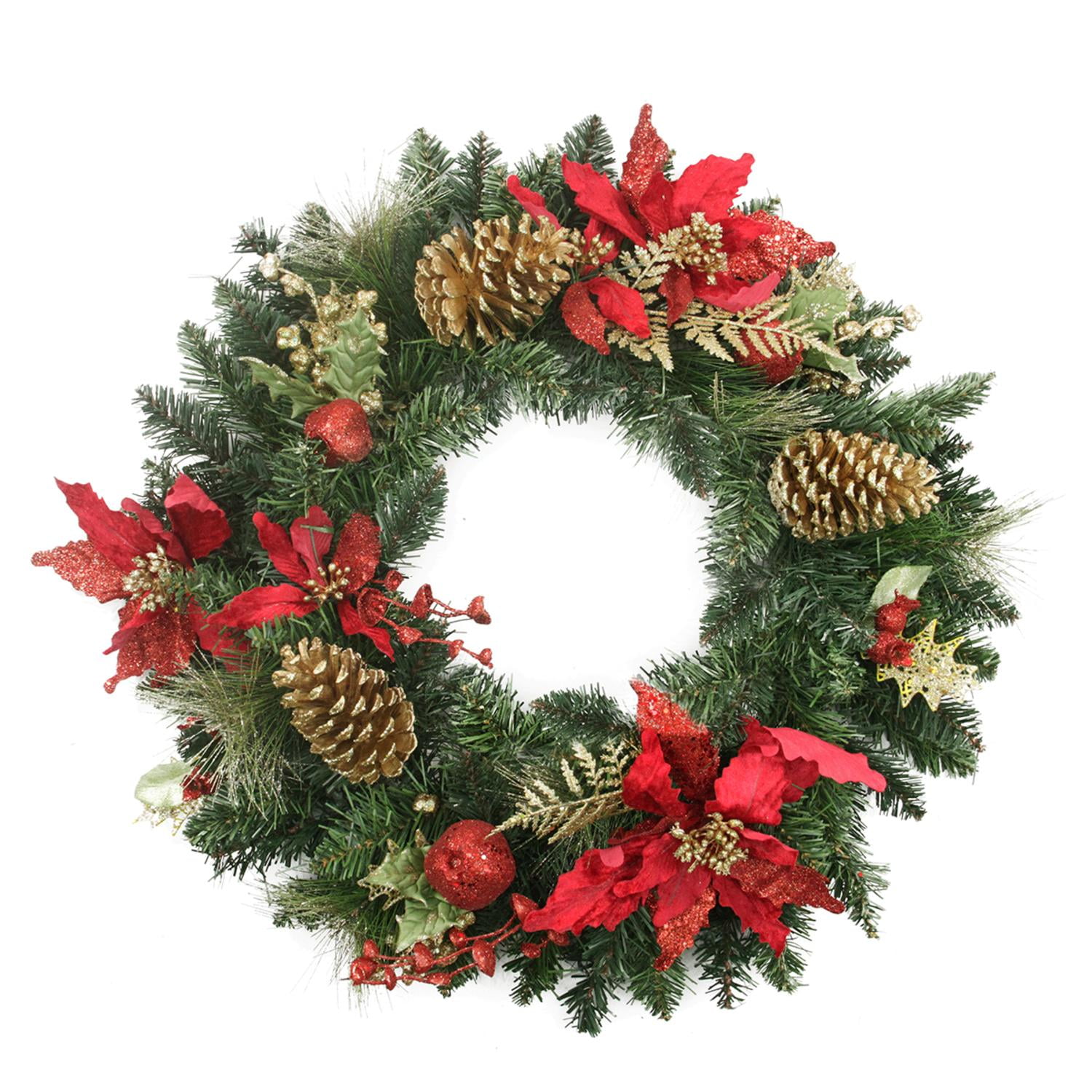 24" PreDecorated Red Poinsettia and Gold Pine Cone Artificial Christmas Artificial Wreath