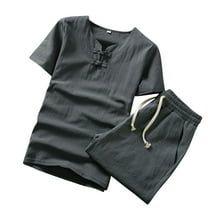Dagegui Mens Cotton 2 Piece Sets Big and Tall V Neck T-Shirts and Short Pants Set Solid Casual Outfits Comfy Daily Clothes Gray 5XL