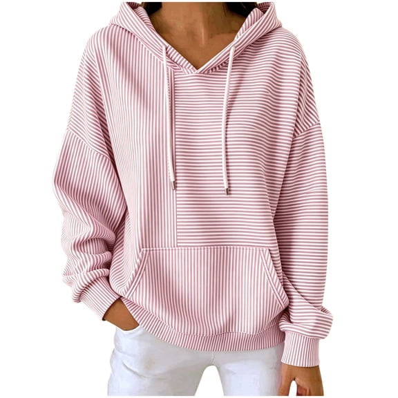 TEAJOPSUU Womens Striped Hoodies Kangaroo Pocket Drawstring Drop Shoulder Sweatshirts Relaxed Fit Casual Pullover for Everyday Workout Pink