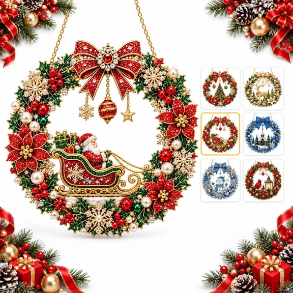 Christmas Pearl Art Diamond Painting Wreath Kit,Acrylic Pendant Craft with Rhinestones for Adults,Window Door Hanging Decor Festive Holiday Gift Idea