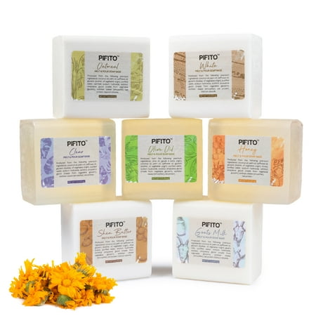 Pifito Melt and Pour Soap Base Sampler (7 lbs) ¦ Assortment of 7 Bases (1lb Ea) ¦ Clear  White  Goats Milk  Shea Butter  Oatmeal  Honey  Olive Oil ¦ Glycerin Soap Making Supplies