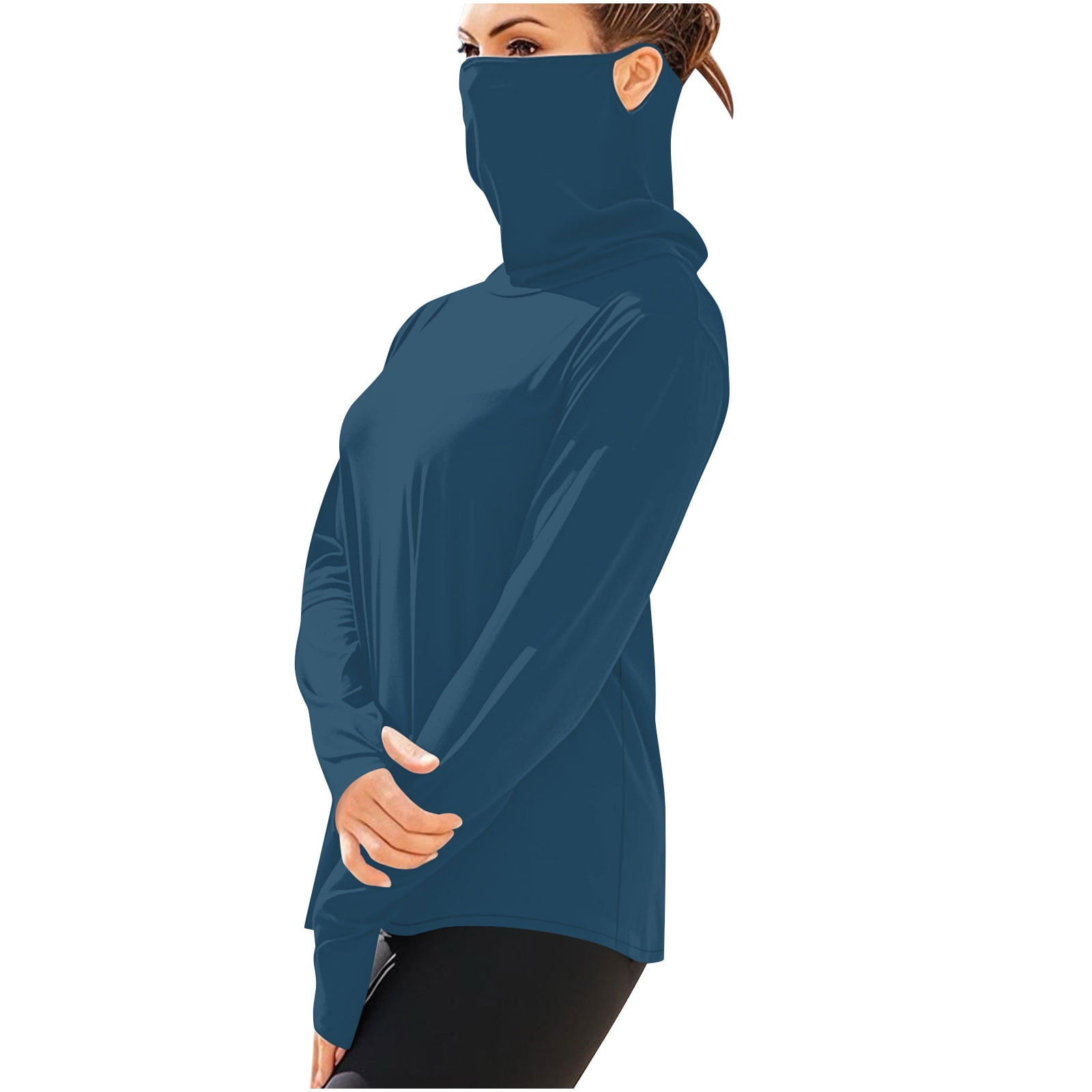 Stamzod Unisex Sun Shirt with Mask Summer Lightweight Ice Silk Long Sleeve Outdoor Fishing Shirt Solid Color Casual Loose Sun Protection Clothing Women Dark Blue L