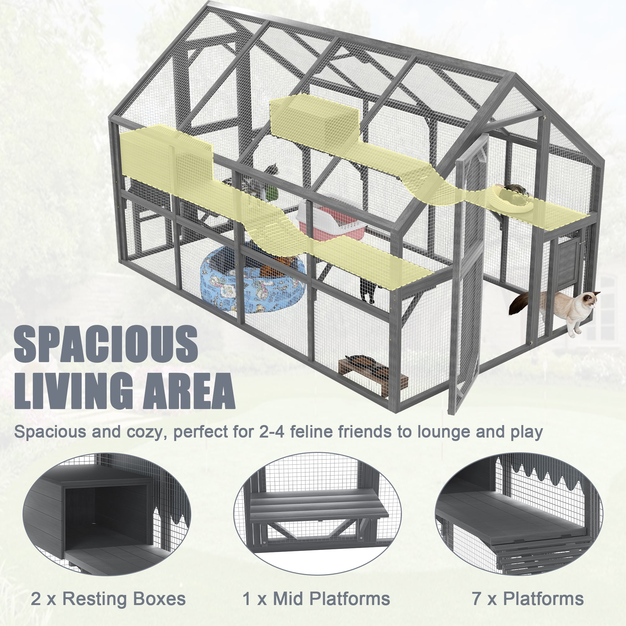 Large Outdoor Cat Enclosure for Multiple Cats with 7 Platforms, 2 Resting Boxes and 2 Bridges, Wooden Feral Cats Shelter with Waterproof and UV Proof Canopy, 110.24x 74.02 x 74.02 inch