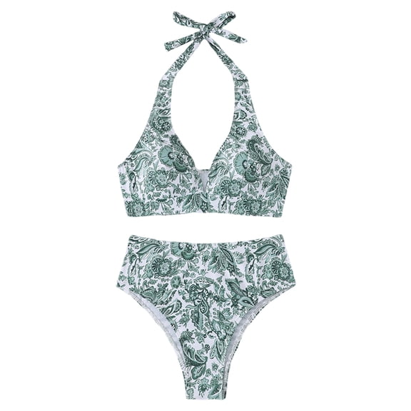 TIHLMK Women's V Neck Halter Floral Printed Bikini High Waisted Drawstring Two Piece Swimsuit Push Up Tummy Swimsuit Bikinis Set