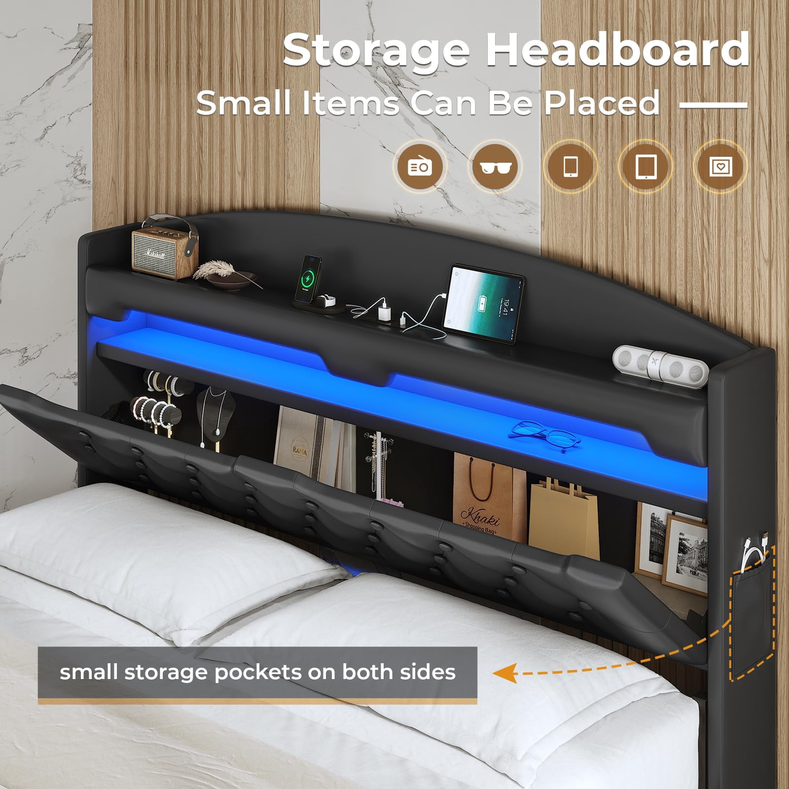 Afuhokles Floating Bed Frame Queen Size with Charging Station, Storage Headboard, LED Upholstered Leather Platform Bed, Black PU