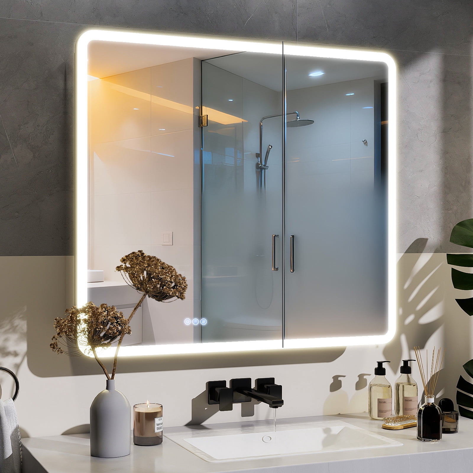 BEAUTYPEAK 36" x 32" Bathroom LED Mirror Medicine Cabinet with Storage Adjustable 3 Color Temperature