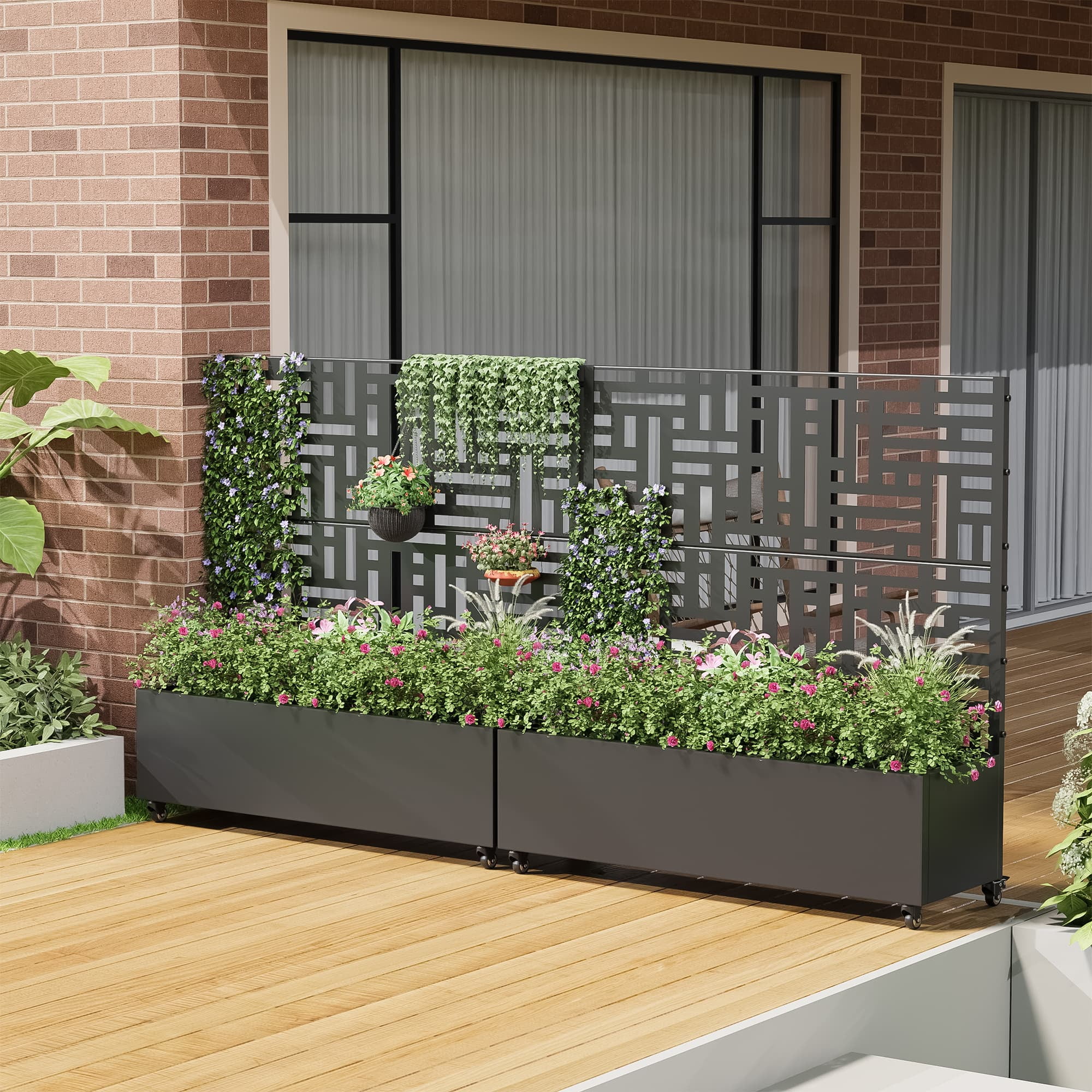 MAYEERTY 47.2"×47.2"×15.7" Black Iron Planter Box with Trellis - "Helen Street 01" Style, Suitable for Outdoor Spaces