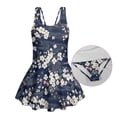 thumbnail image 5 of Xixirimido Plum Blossom Waves Blue Print Modest Girls’ Swimwear One Piece – Hawaiian Skirted Bathing Suit with Built-in Shorts, Sleeveless UPF 50+ Swimsuits, 5-6 Years, 5 of 7