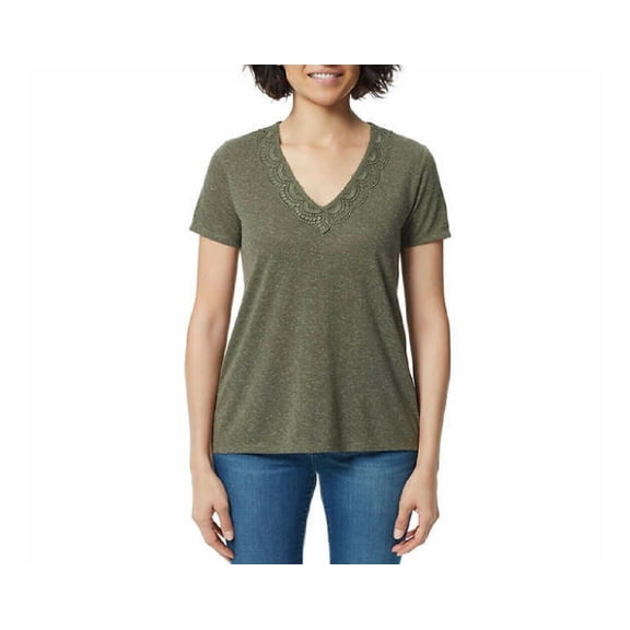 Ella Moss Ladies' V-Neck Short Sleeve Lace Top Size: XS, Color: Green (Deep Lichen)