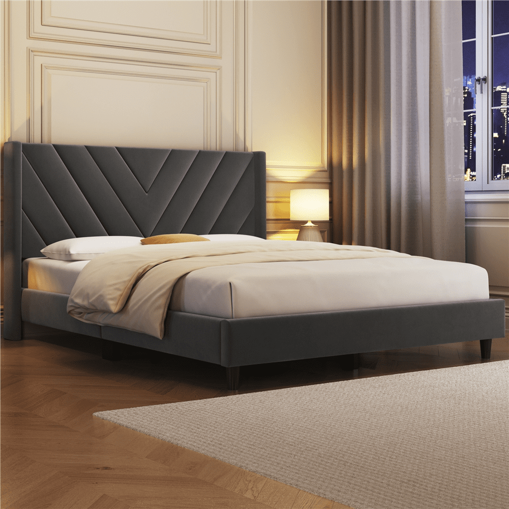 Yaheetech Upholstered Platform Bed with Tufted Headboard, Full, Dark Gray
