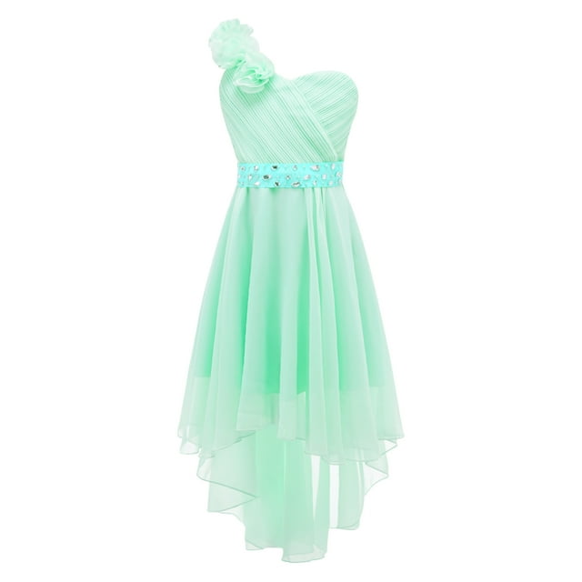 Kaerm Robe Formelle Appliquée Fleur 3D pour Filles une Épaule Asymétrique en Chiffon Robe de Demoiselle d'Honneur Junior Vert Menthe 6