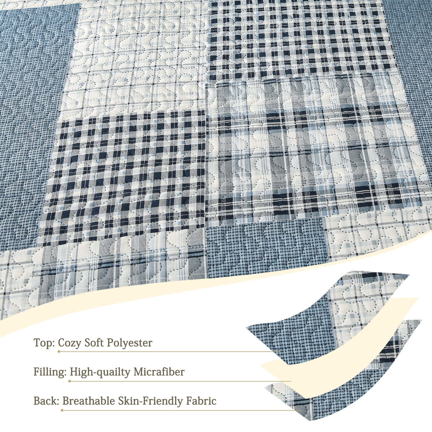 Kebury Quilt Set King Size Plaid Bedding Microfiber Ultra Soft Bedspread Ligthtweight Blue Gray Quilt Coverlet Collection for Bedroom (1 Quilt, 2 Pillow Shams)