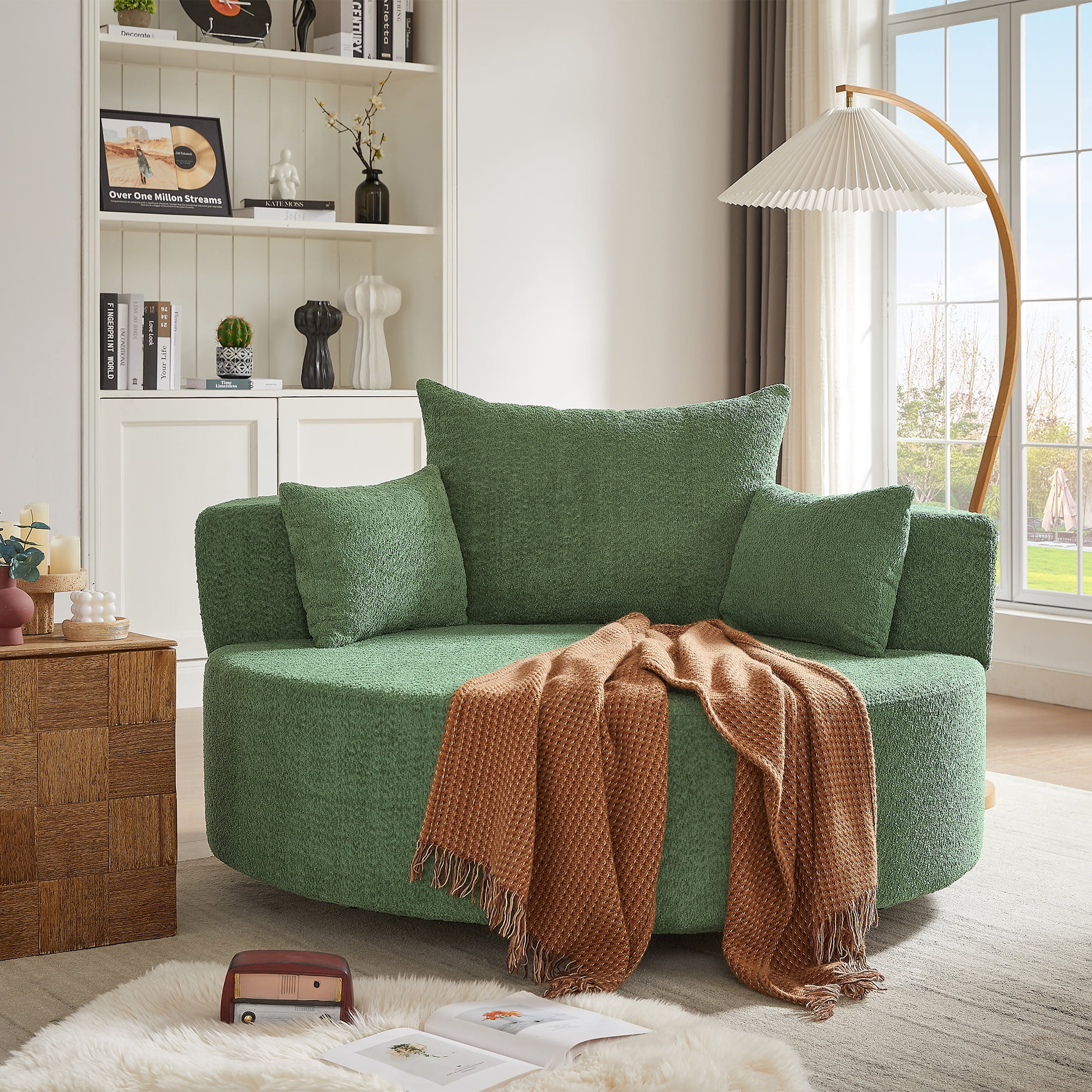 Euroco Modern 360° Swivel Lounge Chair with Deep Seat, Chenille Upholstery, Removable Throw Pillows – Circular Accent Chair for Living Room, Bedroom, or Apartment