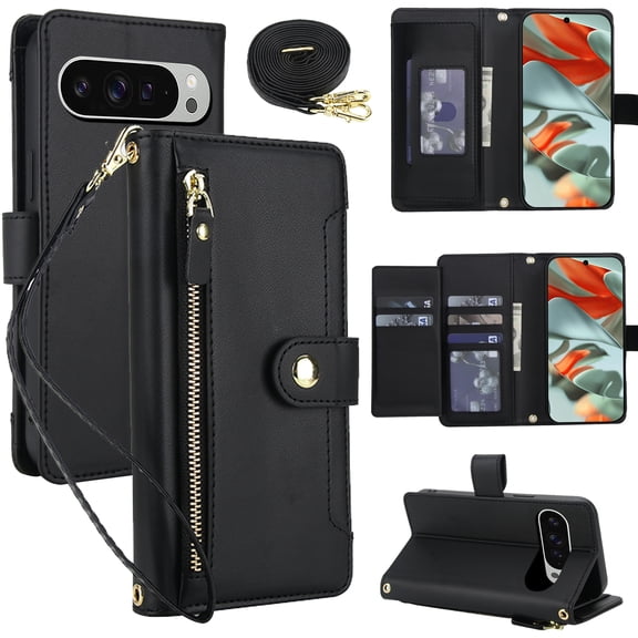 For Google Pixel 9 / 9 Pro Crossbody Wallet Phone Case,With Detachable Shoulder Strap Wrist Strap,Card Slots,Zipper Pocket,Flip Foldable Kickstand,Anti-Scratch Shokcproof Phone Case,Black