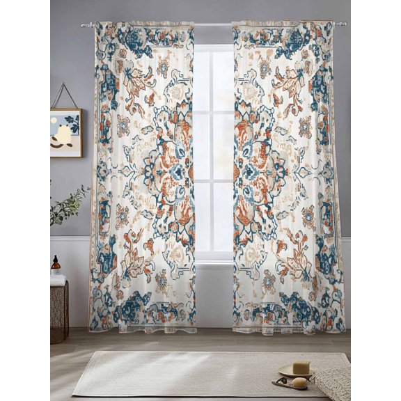 Boho Southwestern Sheer Curtains for Living Room Bedroom Tribal Antique Country Orange Blue Sheer Curtains 84 Inch Long 2 Panels Set Light Filtering Curtain Window Treatments Drapes for Dining Room