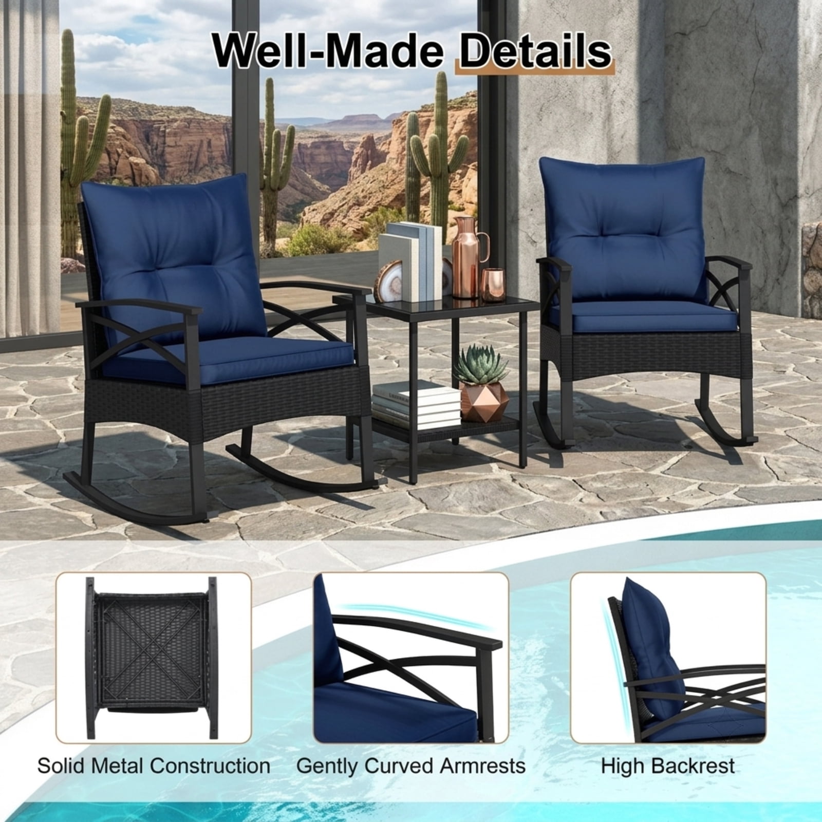Furnibear 3-Piece Outdoor Rocking Chair Set with Side Table, 2 Wicker Rocking Chairs, Navy Cushions, 400 lbs Capacity, Patio Garden Backyard