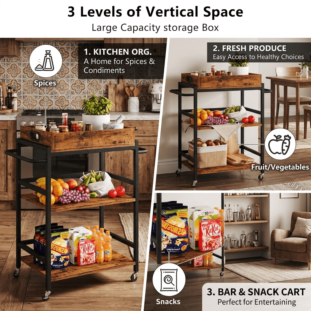 Fenbeli 3-Tier Rolling Kitchen Cart, Brown Wood and Metal Microwave Stand with Removable Storage Box and Locking Wheels, Coffee Cart for Kitchen Dorm and Laundry Room